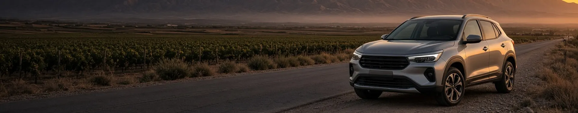 Auto en una ruta de Mendoza con la cordillera al atardecer