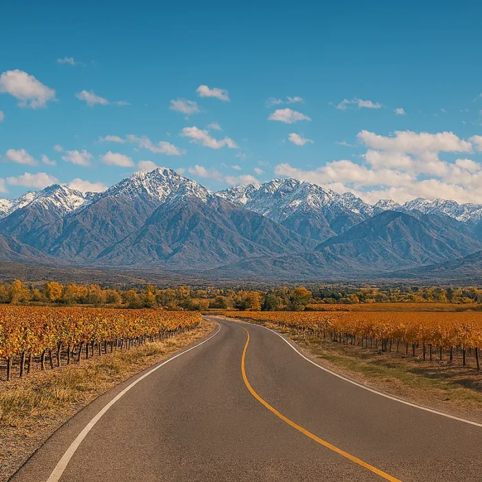 Ruta entre viñedos otoñales con la cordillera de fondo