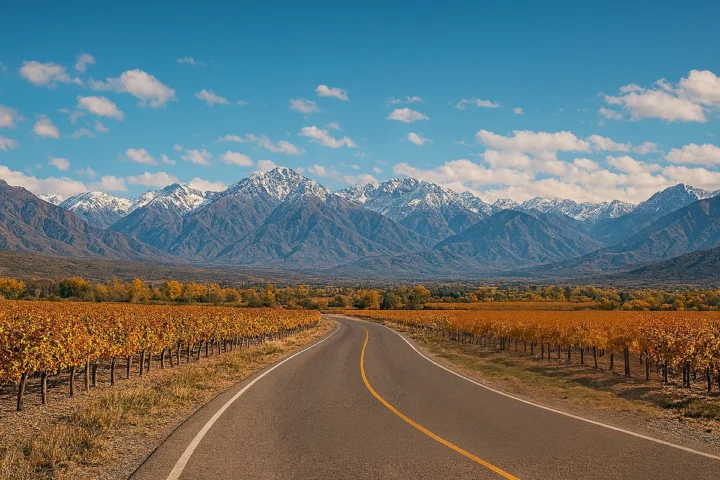 Ruta entre viñedos otoñales con la cordillera de fondo