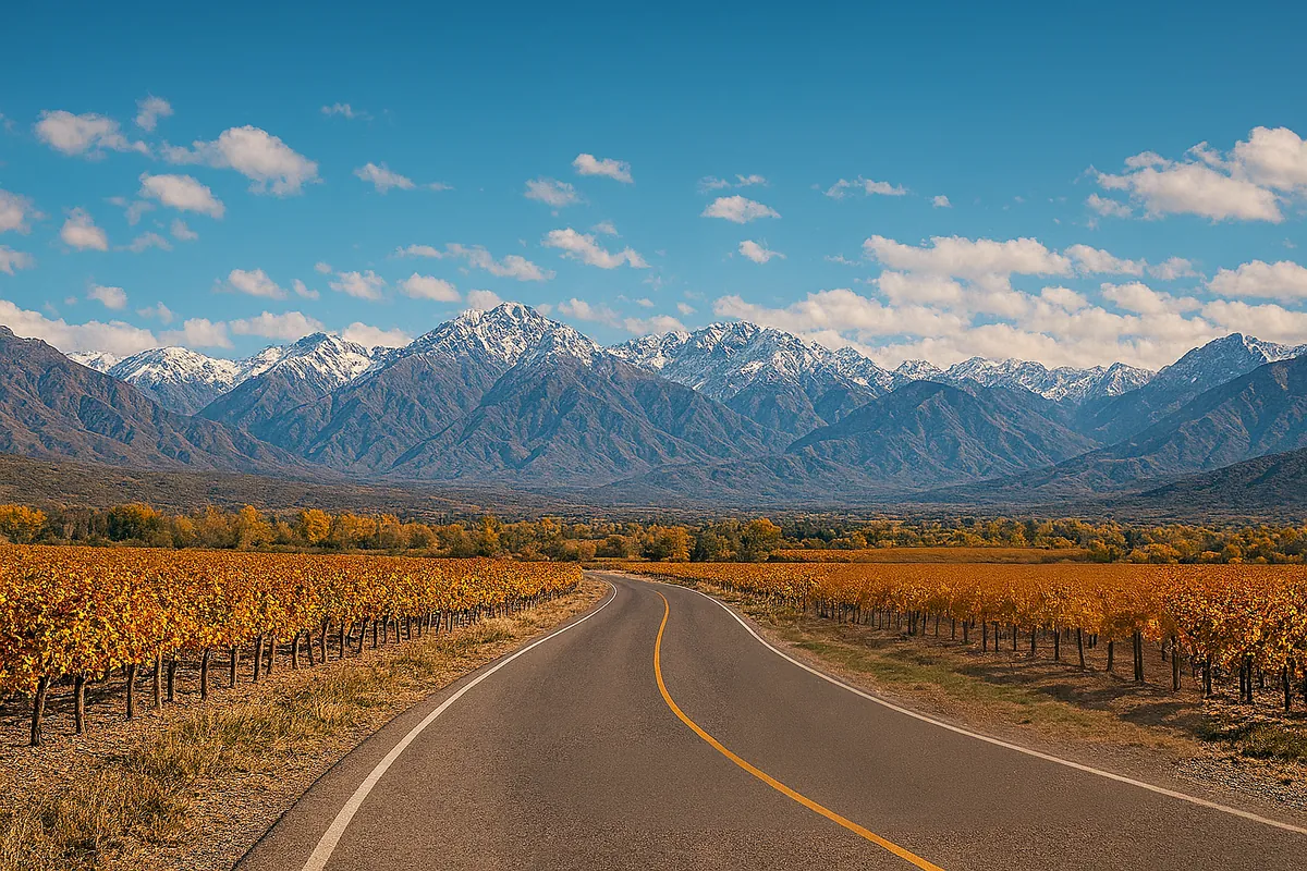 Ruta entre viñedos otoñales con la cordillera de fondo