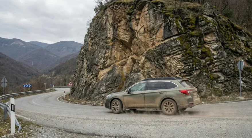 Auto en una curva de ruta de montaña en Mendoza
